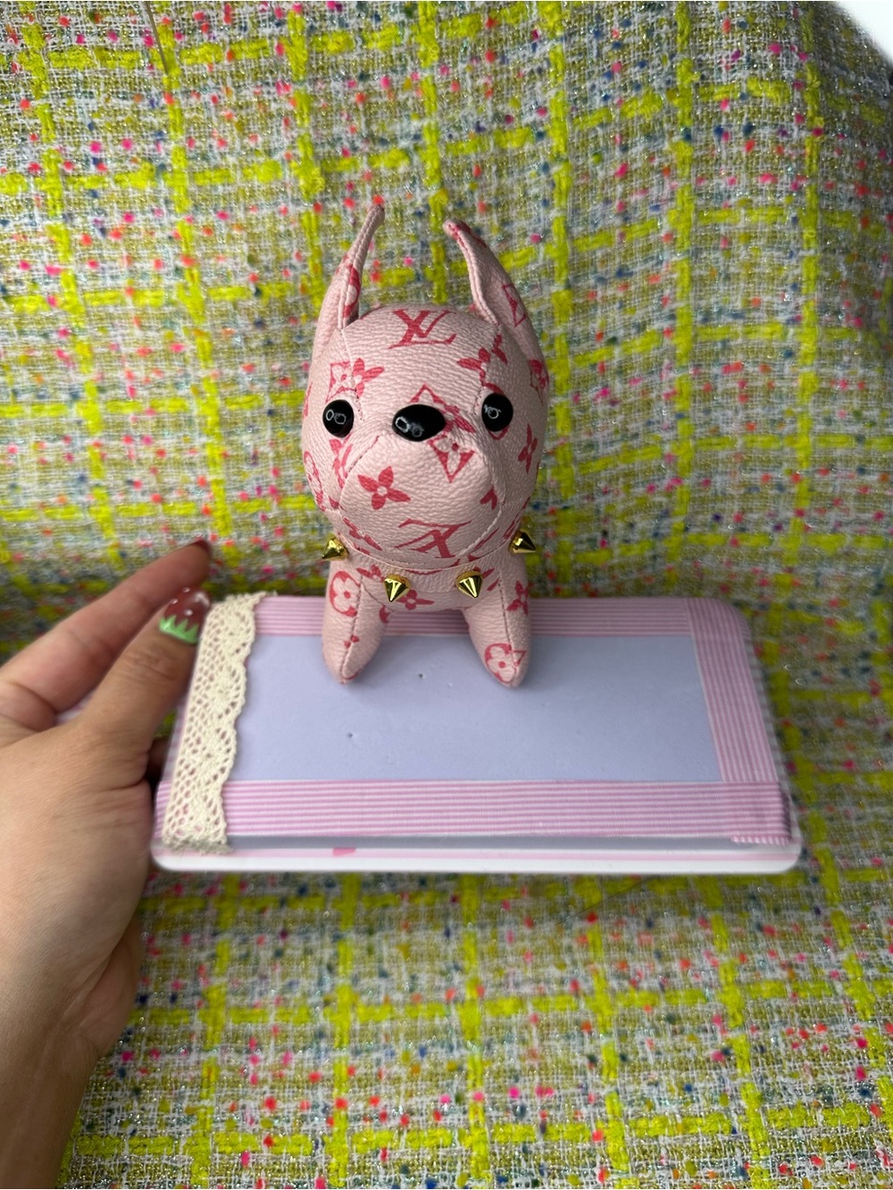 I Cute leather pink dog keychain and handbag decoration